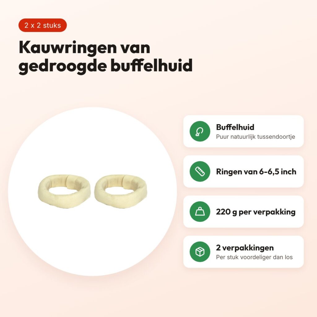 Petsnack kauwsnack ring wit 220 g buffelhuid – multipack 2 x 2 stuks – voordelen
