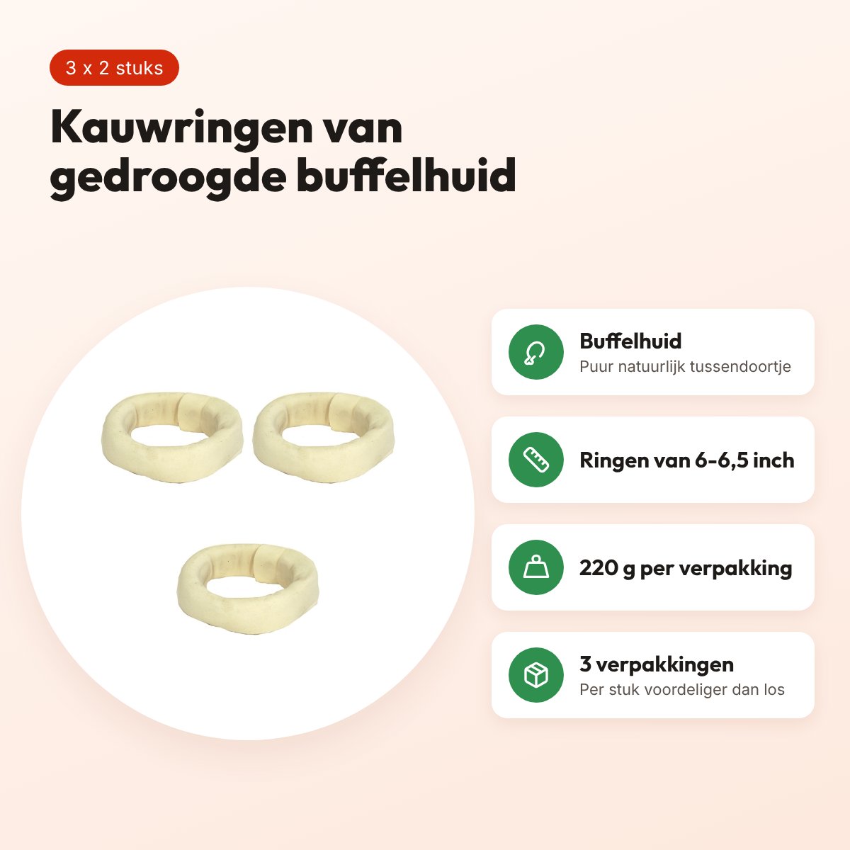 Petsnack kauwsnack ring wit 220 g buffelhuid – multipack 3 x 2 stuks – voordelen
