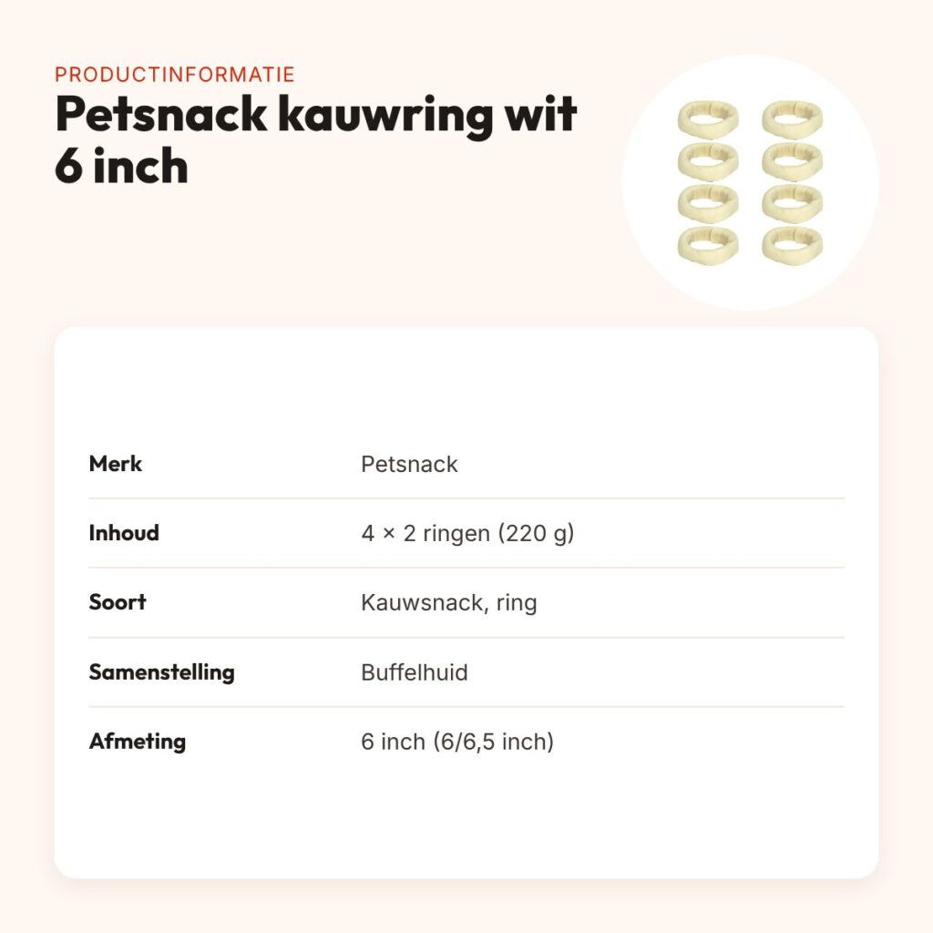 Petsnack kauwsnack ring wit 6 inch 220 g – multipack 4 x 2 stuks – productinformatie