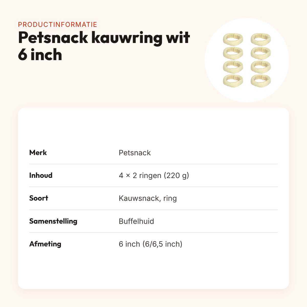Petsnack kauwsnack ring wit 6 inch 220 g – multipack 4 x 2 stuks – productinformatie