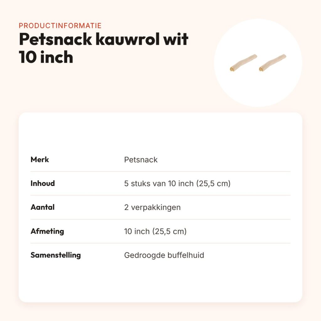 Petsnack kauwsnack rol wit buffelhuid 10 inch – multipack 2 x 5 stuks – productinformatie