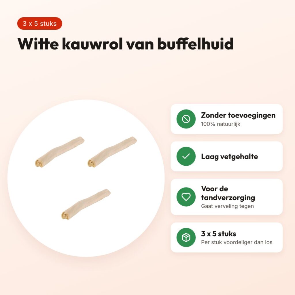 Petsnack kauwsnack rol wit buffelhuid 10 inch – multipack 3 x 5 stuks – voordelen