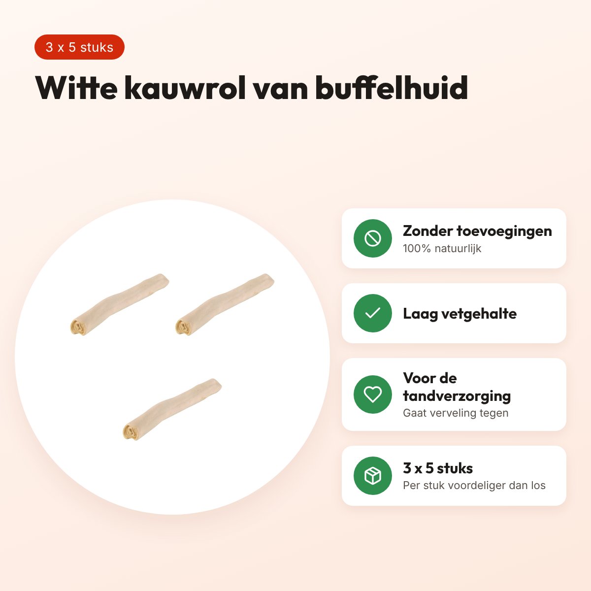 Petsnack kauwsnack rol wit buffelhuid 10 inch – multipack 3 x 5 stuks – voordelen