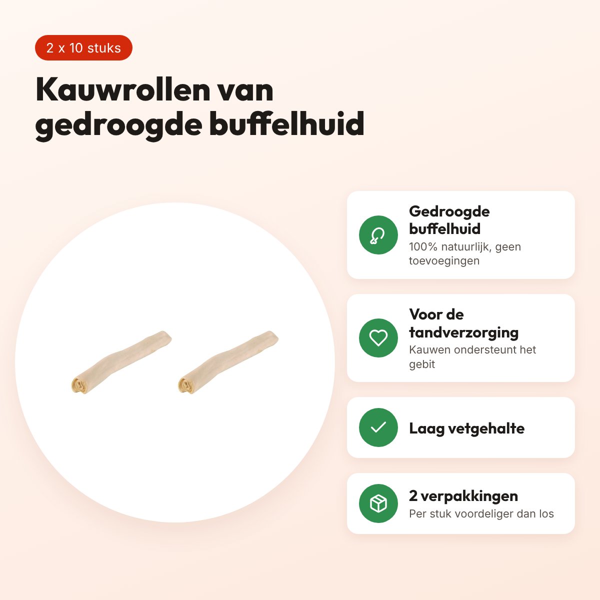 Petsnack kauwsnack rol wit buffelhuid 5 inch – multipack 2 x 10 stuks – voordelen