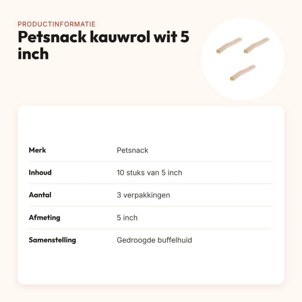 Petsnack kauwsnack rol wit buffelhuid 5 inch – multipack 3 x 10 stuks – productinformatie