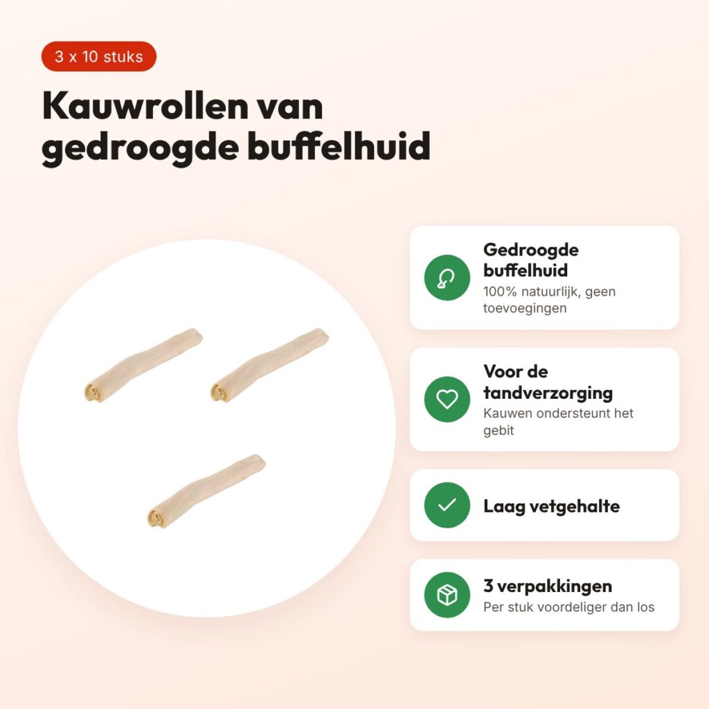 Petsnack kauwsnack rol wit buffelhuid 5 inch – multipack 3 x 10 stuks – voordelen