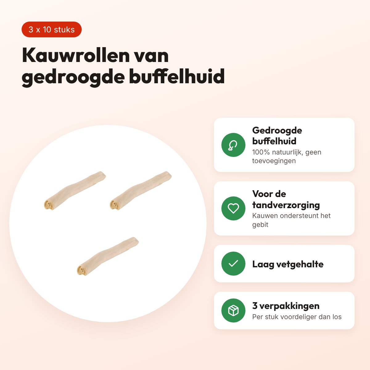 Petsnack kauwsnack rol wit buffelhuid 5 inch – multipack 3 x 10 stuks – voordelen