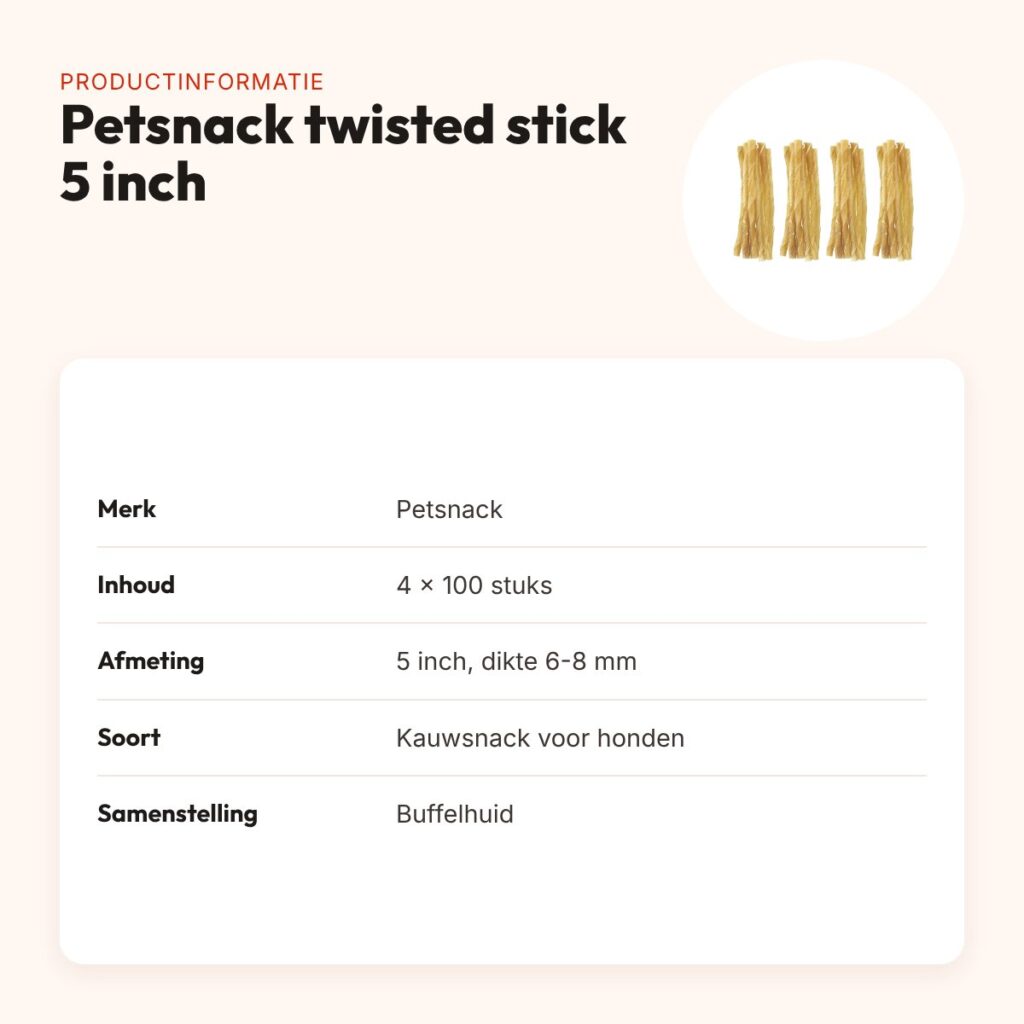 Petsnack kauwsnack twisted stick 5 inch 6-8 mm – multipack 4 x 100 stuks – productinformatie