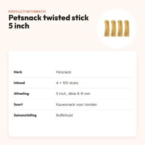 Petsnack kauwsnack twisted stick 5 inch 6-8 mm – multipack 4 x 100 stuks – productinformatie