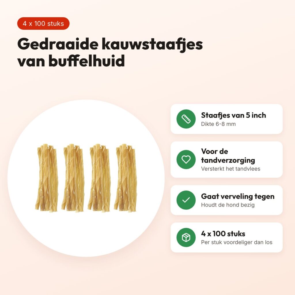 Petsnack kauwsnack twisted stick 5 inch 6-8 mm – multipack 4 x 100 stuks – voordelen