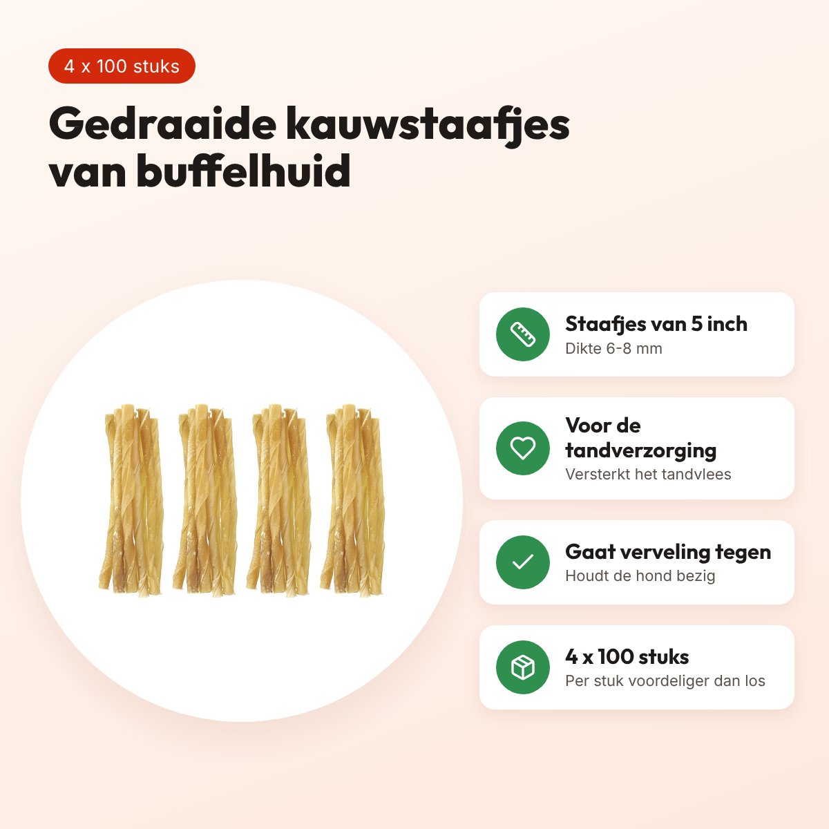 Petsnack kauwsnack twisted stick 5 inch 6-8 mm – multipack 4 x 100 stuks – voordelen