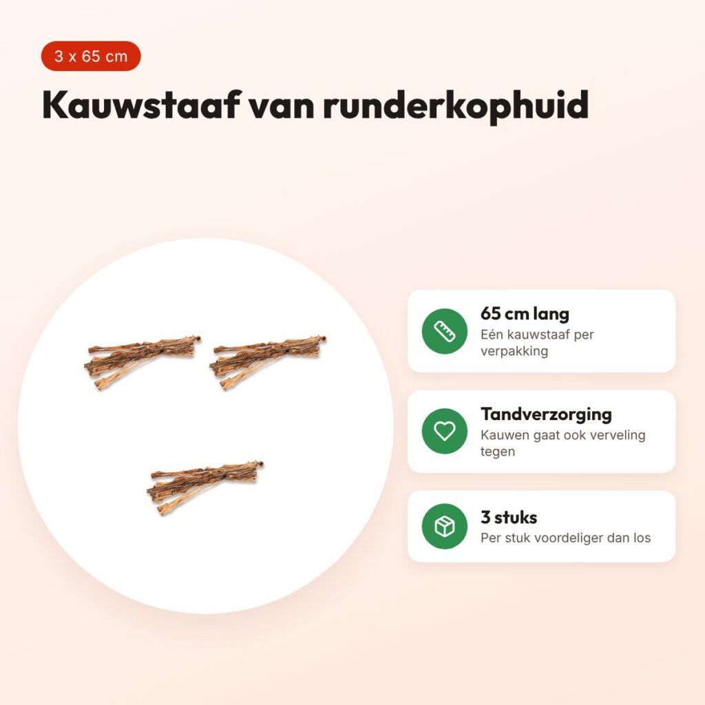 Petsnack kauwstaaf runderkophuid 65 cm – multipack 3 stuks – voordelen