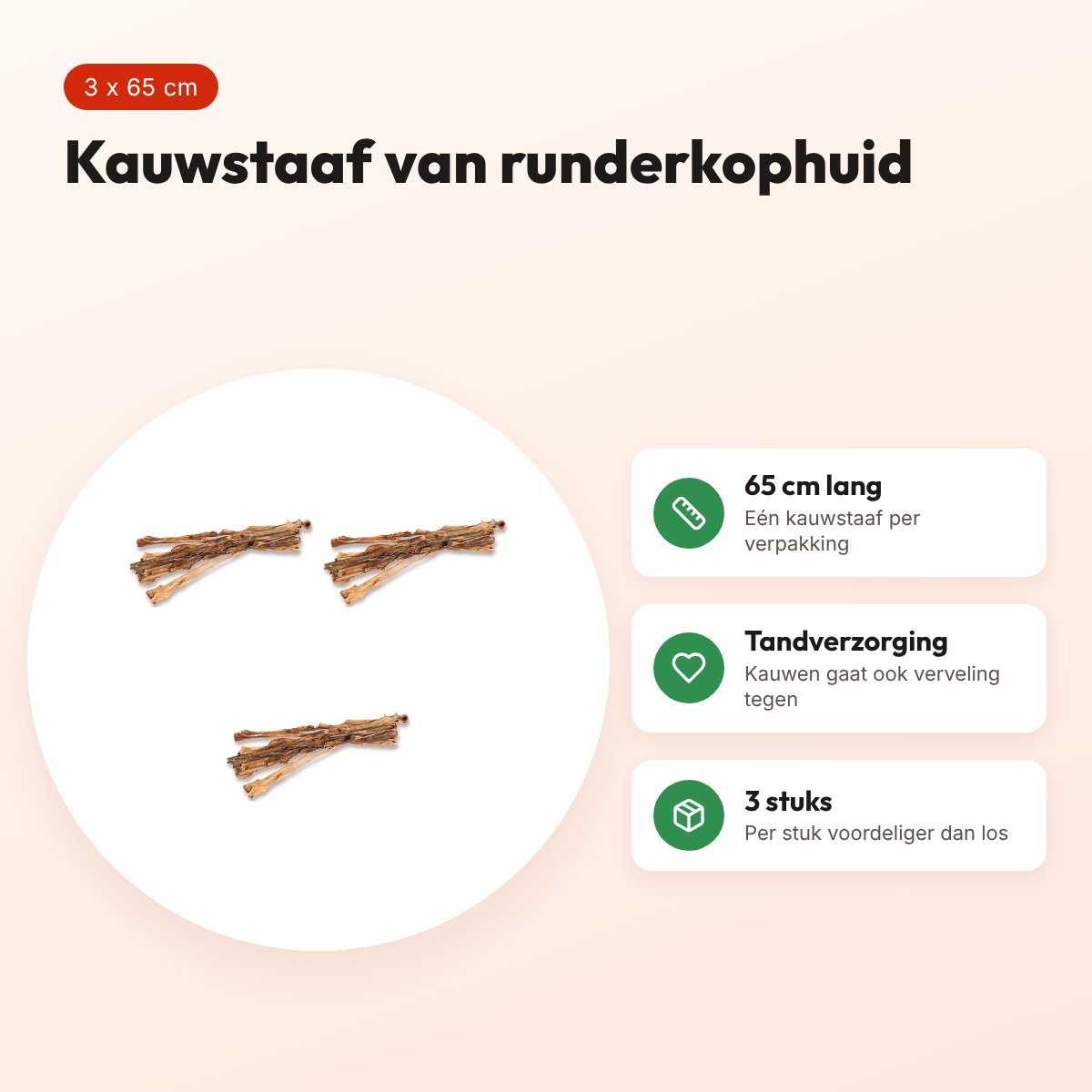 Petsnack kauwstaaf runderkophuid 65 cm – multipack 3 stuks – voordelen