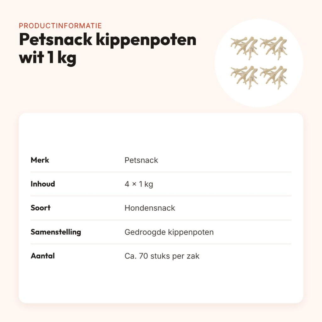 Petsnack kippenpoten wit 1 kg – hondensnack, multipack 4 stuks – productinformatie