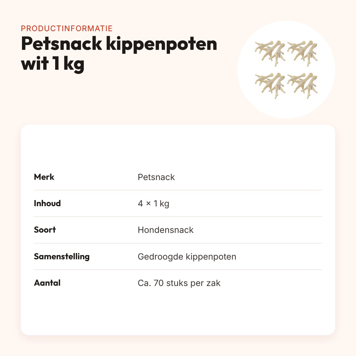 Petsnack kippenpoten wit 1 kg – hondensnack, multipack 4 stuks – productinformatie