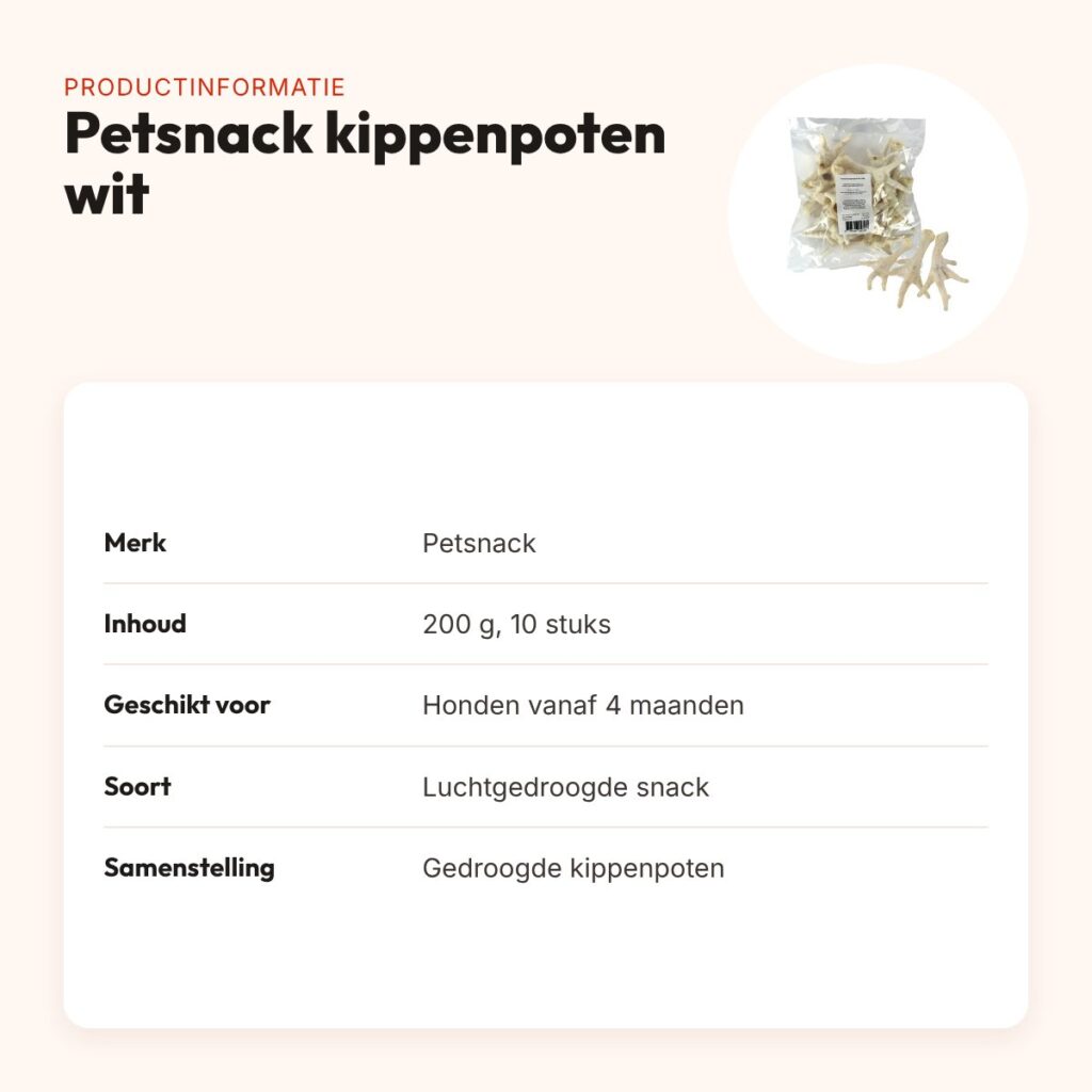 Petsnack kippenpoten wit 200 g – luchtgedroogd, 10 stuks – productinformatie