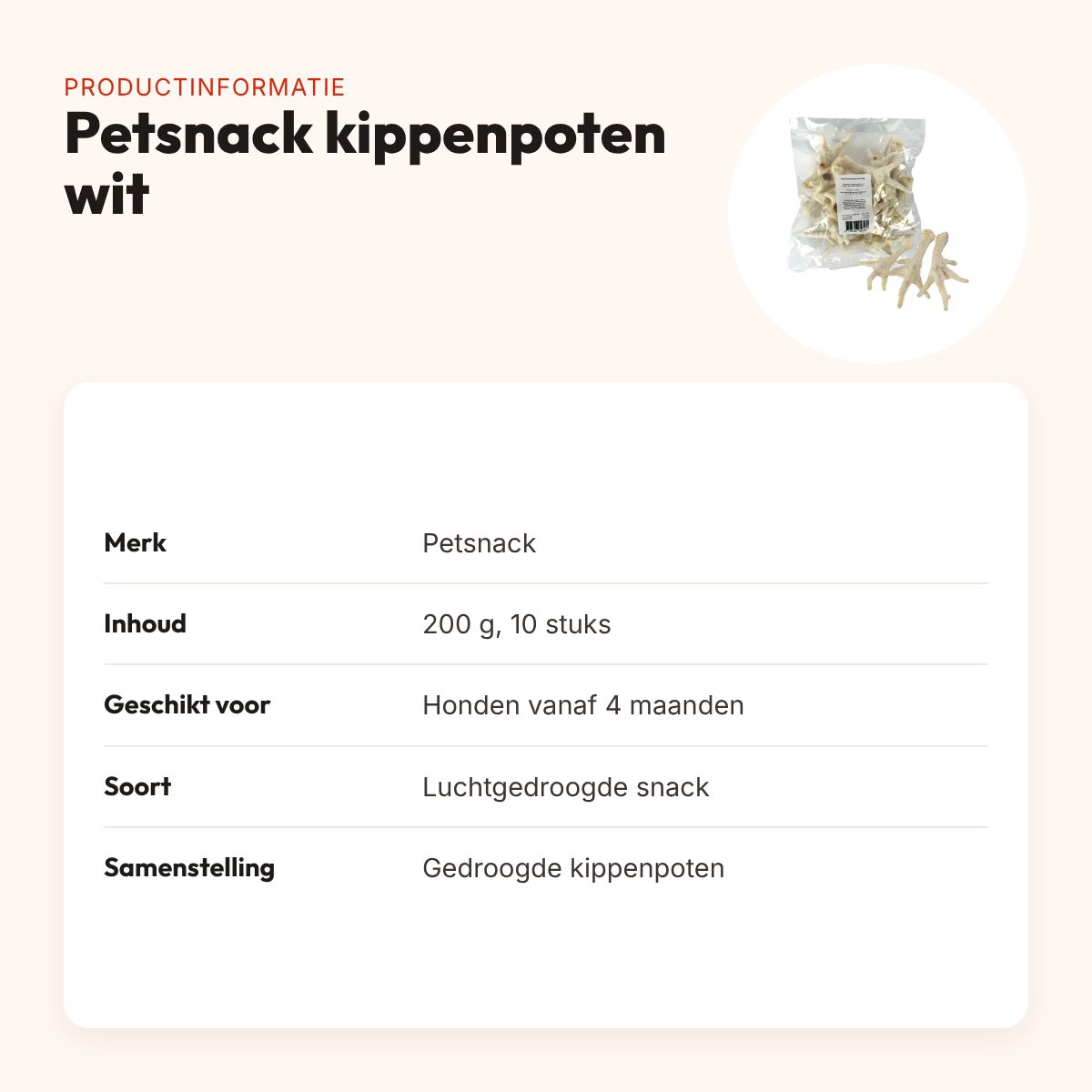Petsnack kippenpoten wit 200 g – luchtgedroogd, 10 stuks – productinformatie