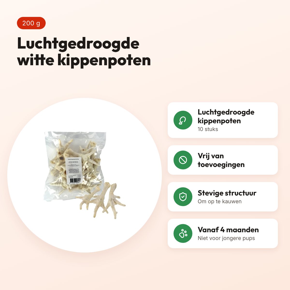 Petsnack kippenpoten wit 200 g – luchtgedroogd, 10 stuks – voordelen