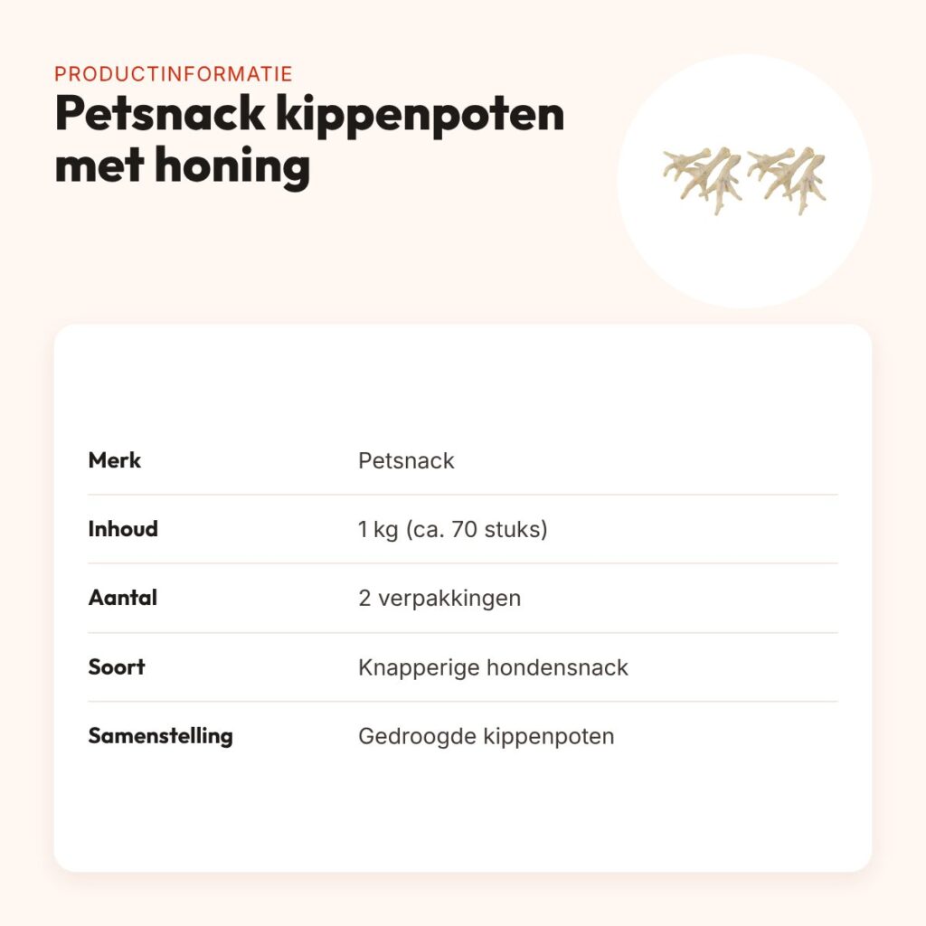 Petsnack kippenpoten wit met honing 1 kg – multipack 2 x 70 stuks – productinformatie