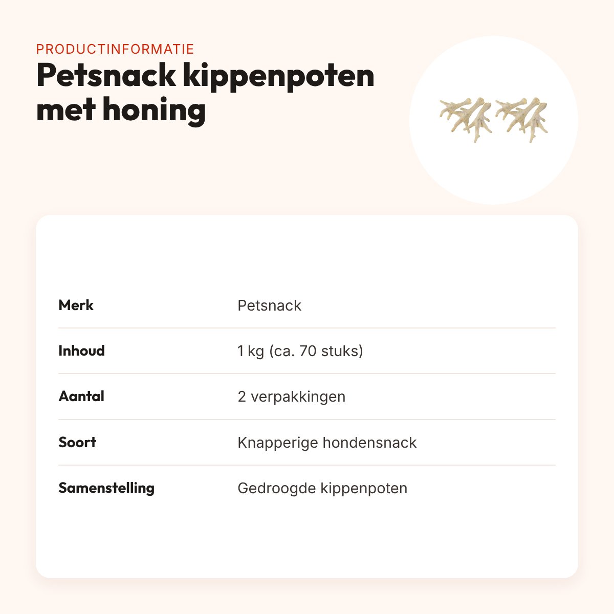 Petsnack kippenpoten wit met honing 1 kg – multipack 2 x 70 stuks – productinformatie