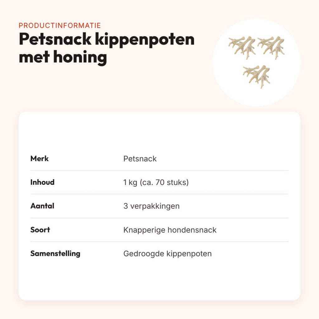 Petsnack kippenpoten wit met honing 1 kg – multipack 3 x 70 stuks – productinformatie