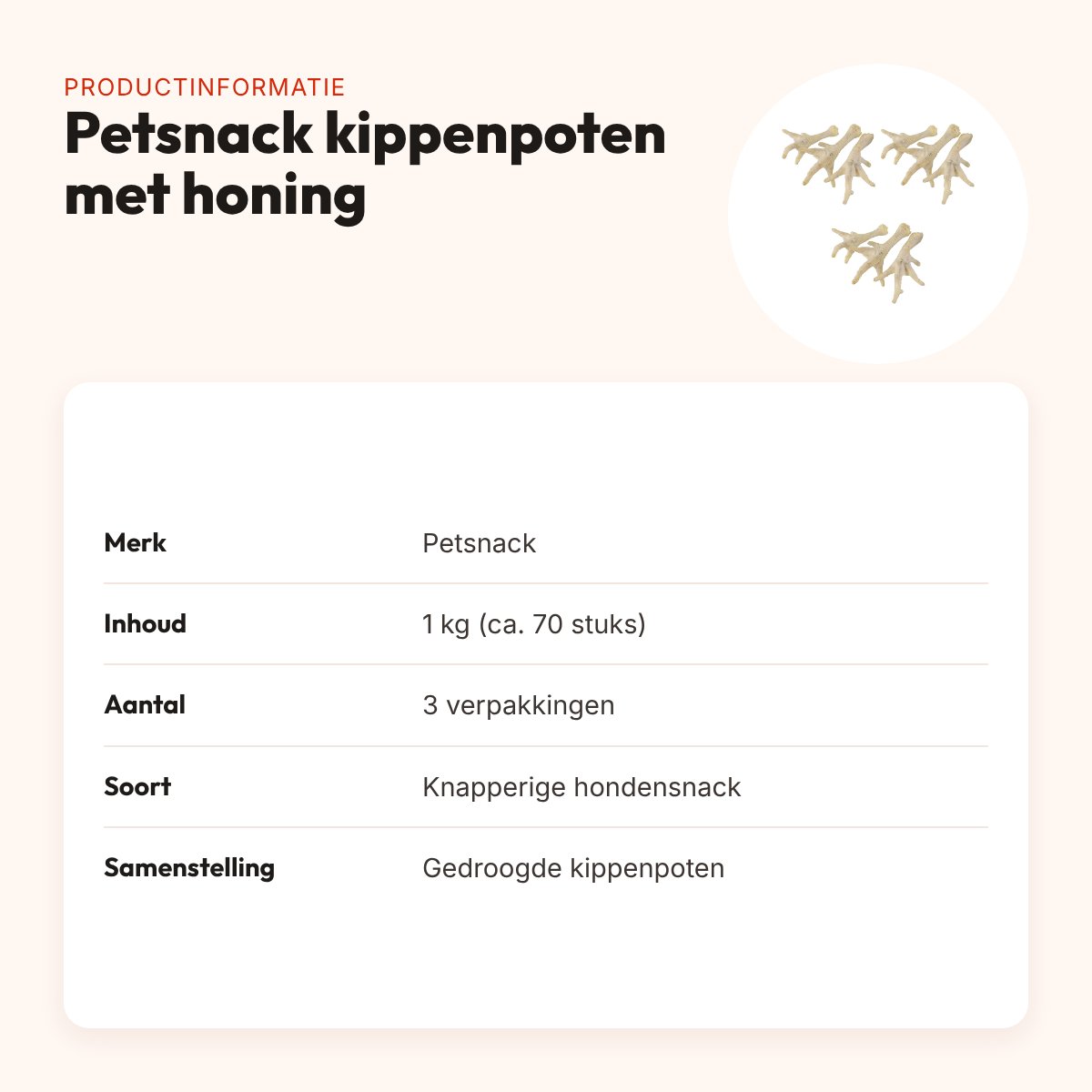 Petsnack kippenpoten wit met honing 1 kg – multipack 3 x 70 stuks – productinformatie