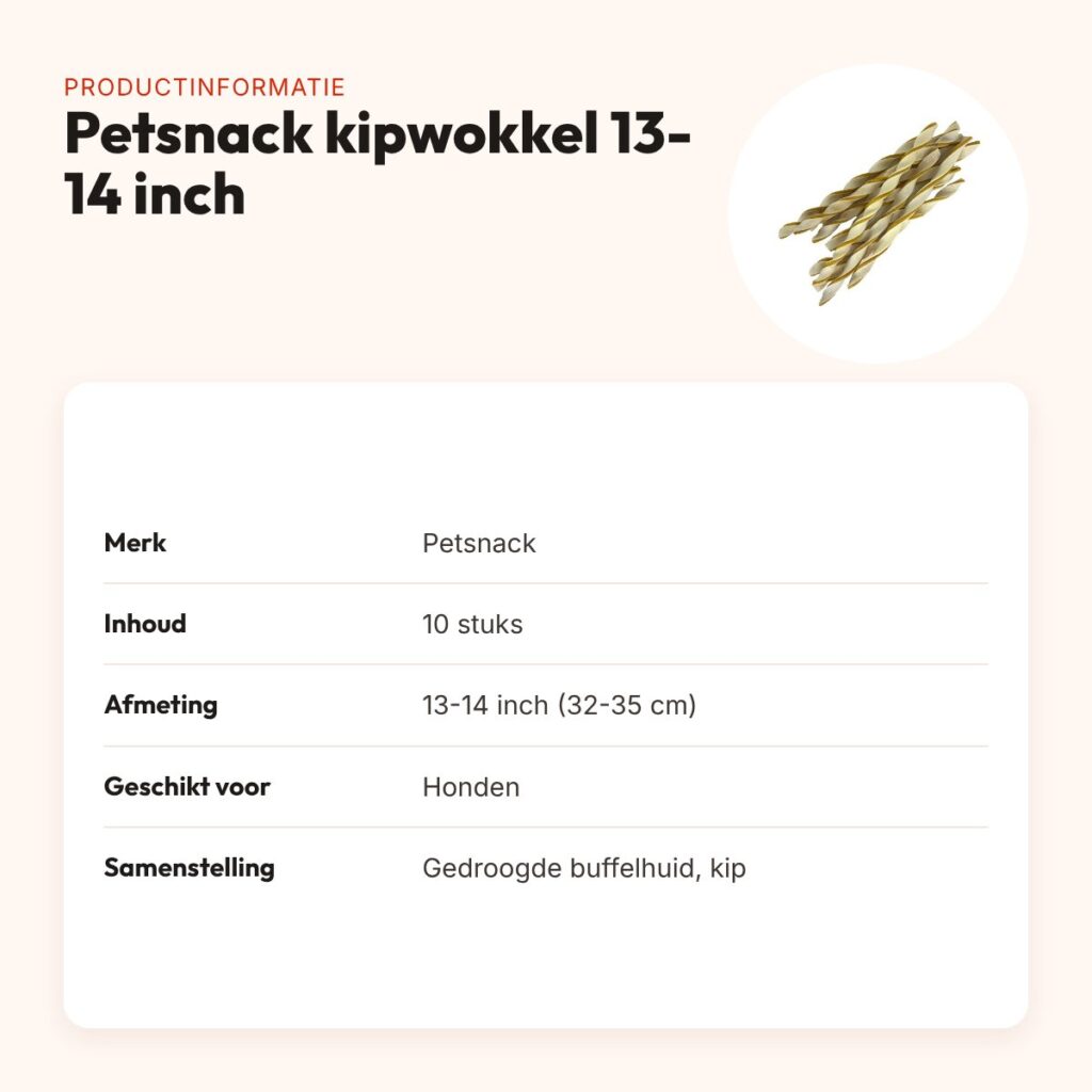 Petsnack kipwokkel 13-14 inch (32-35 cm) – buffelhuid met kip, 10 stuks – productinformatie
