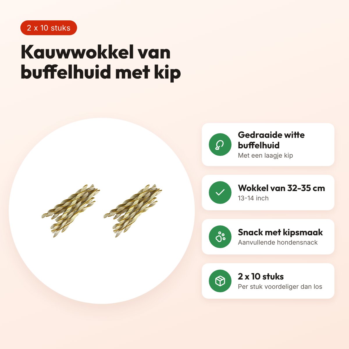 Petsnack kipwokkel 13-14 inch buffelhuid – multipack 2 x 10 stuks – voordelen