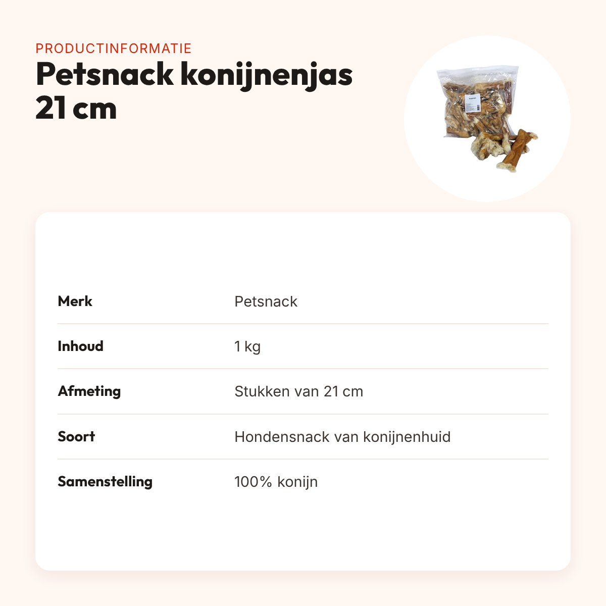 Petsnack konijnenjas 21 cm 1 kg – hondensnack van konijnenhuid – productinformatie
