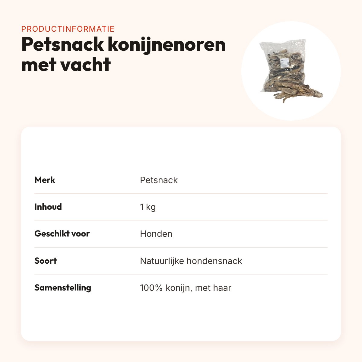 Petsnack konijnenoren met vacht 1 kg – hondensnack – productinformatie
