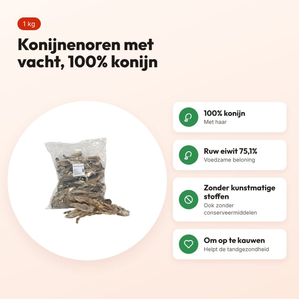 Petsnack konijnenoren met vacht 1 kg – hondensnack – voordelen