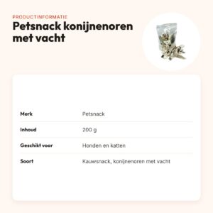 Petsnack konijnenoren met vacht 200 g – kauwsnack voor honden en katten – productinformatie