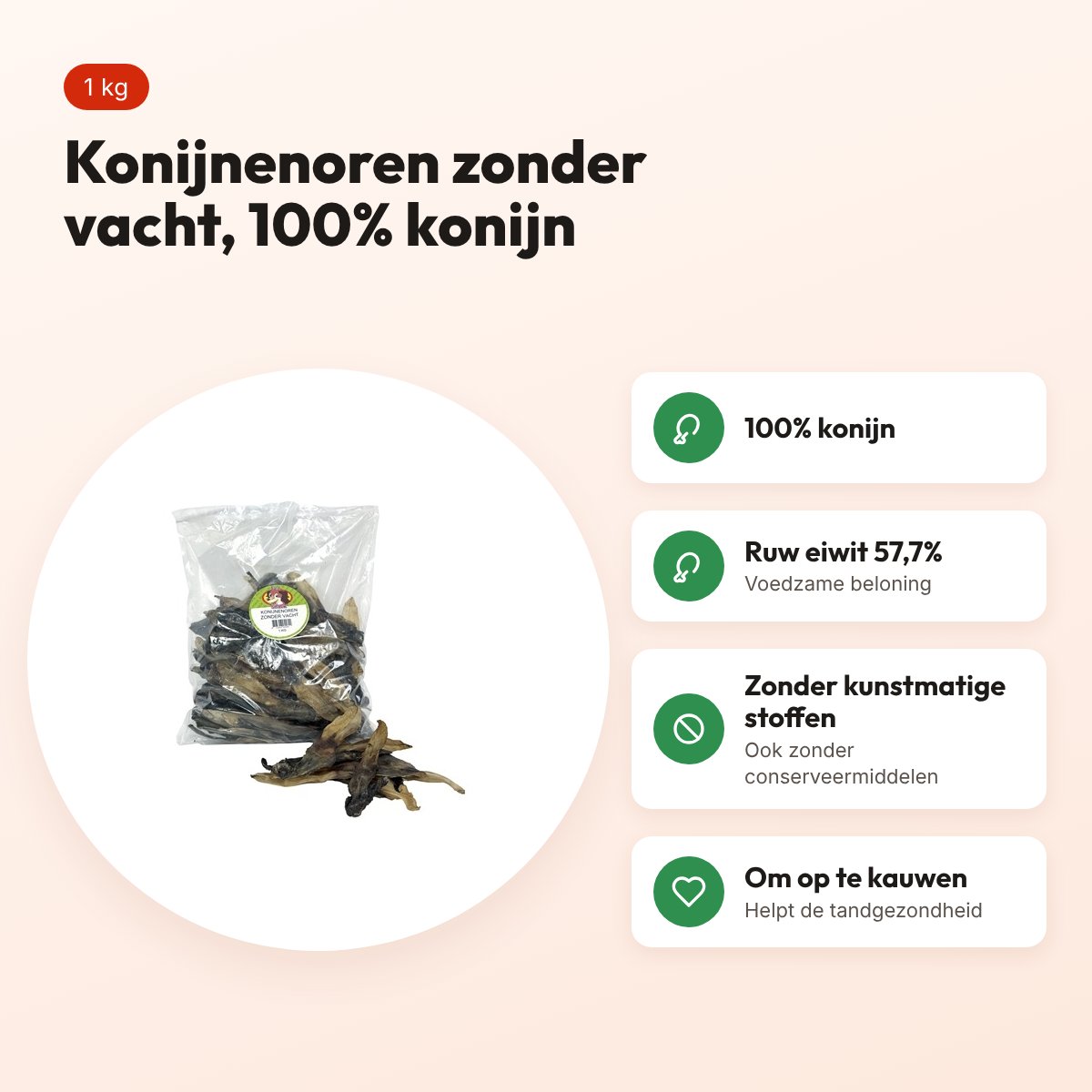 Petsnack konijnenoren zonder vacht 1 kg – hondensnack – voordelen