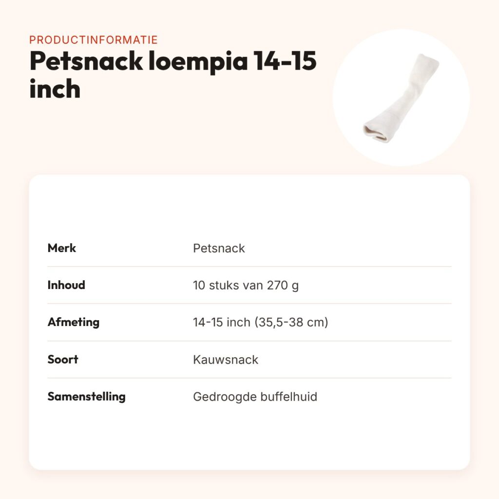Petsnack loempia hondensnack 14-15 inch (35,5-38 cm) – buffelhuid, 10 stuks – productinformatie