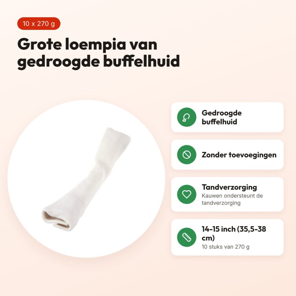 Petsnack loempia hondensnack 14-15 inch (35,5-38 cm) – buffelhuid, 10 stuks – voordelen