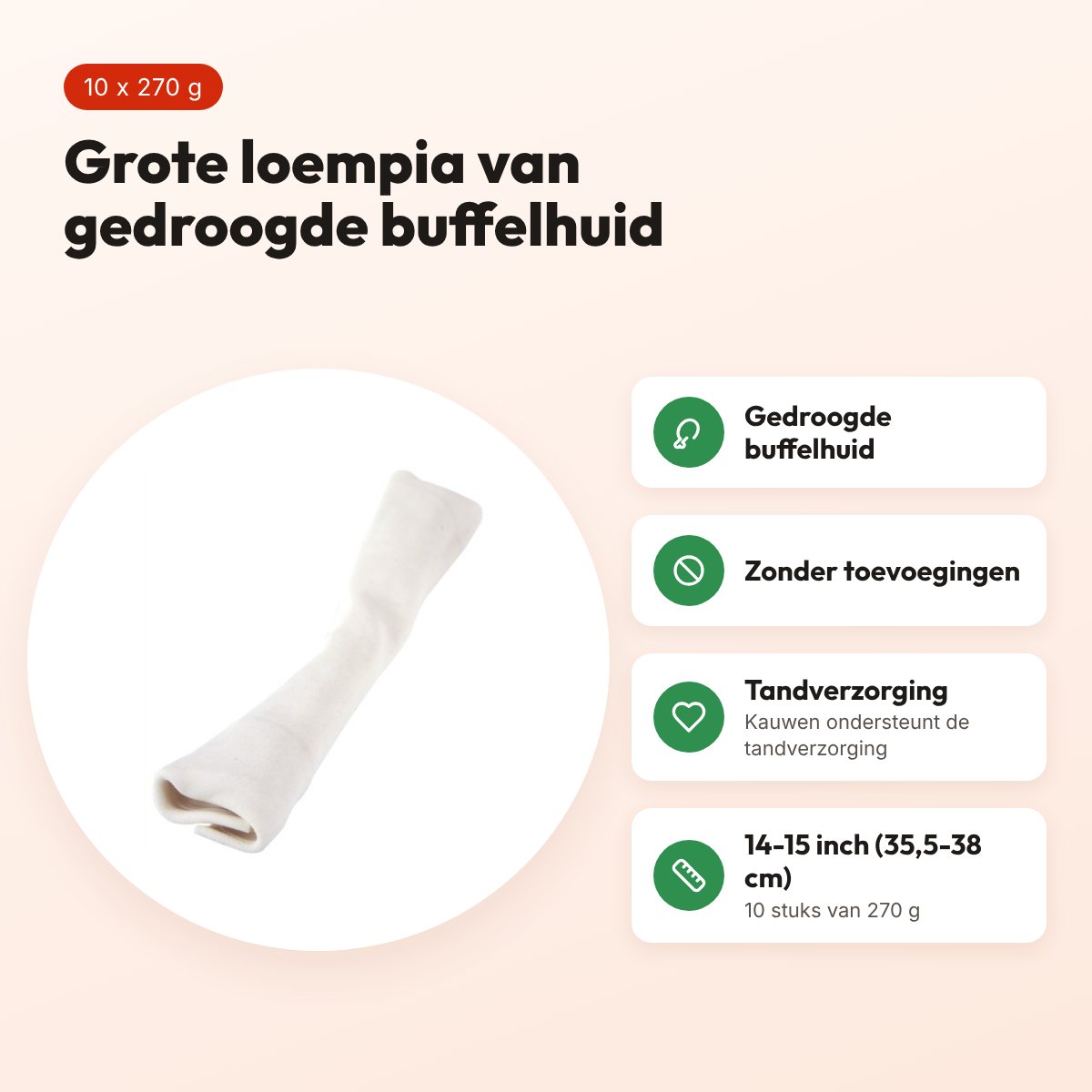 Petsnack loempia hondensnack 14-15 inch (35,5-38 cm) – buffelhuid, 10 stuks – voordelen