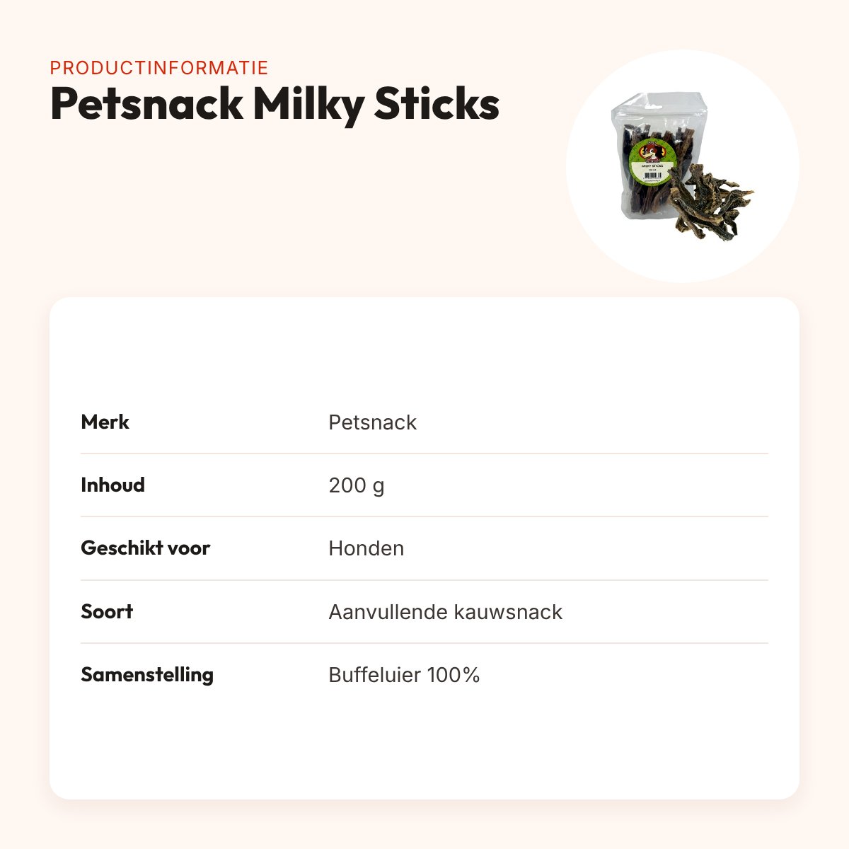 Petsnack Milky Sticks 200 g – gedroogde buffeluier – productinformatie