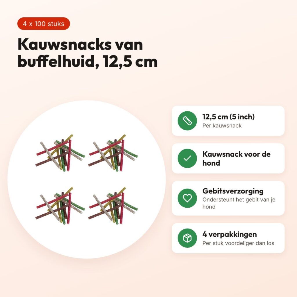 Petsnack Munchy Mix 12,5 cm buffelhuid – multipack 4 x 100 stuks – voordelen