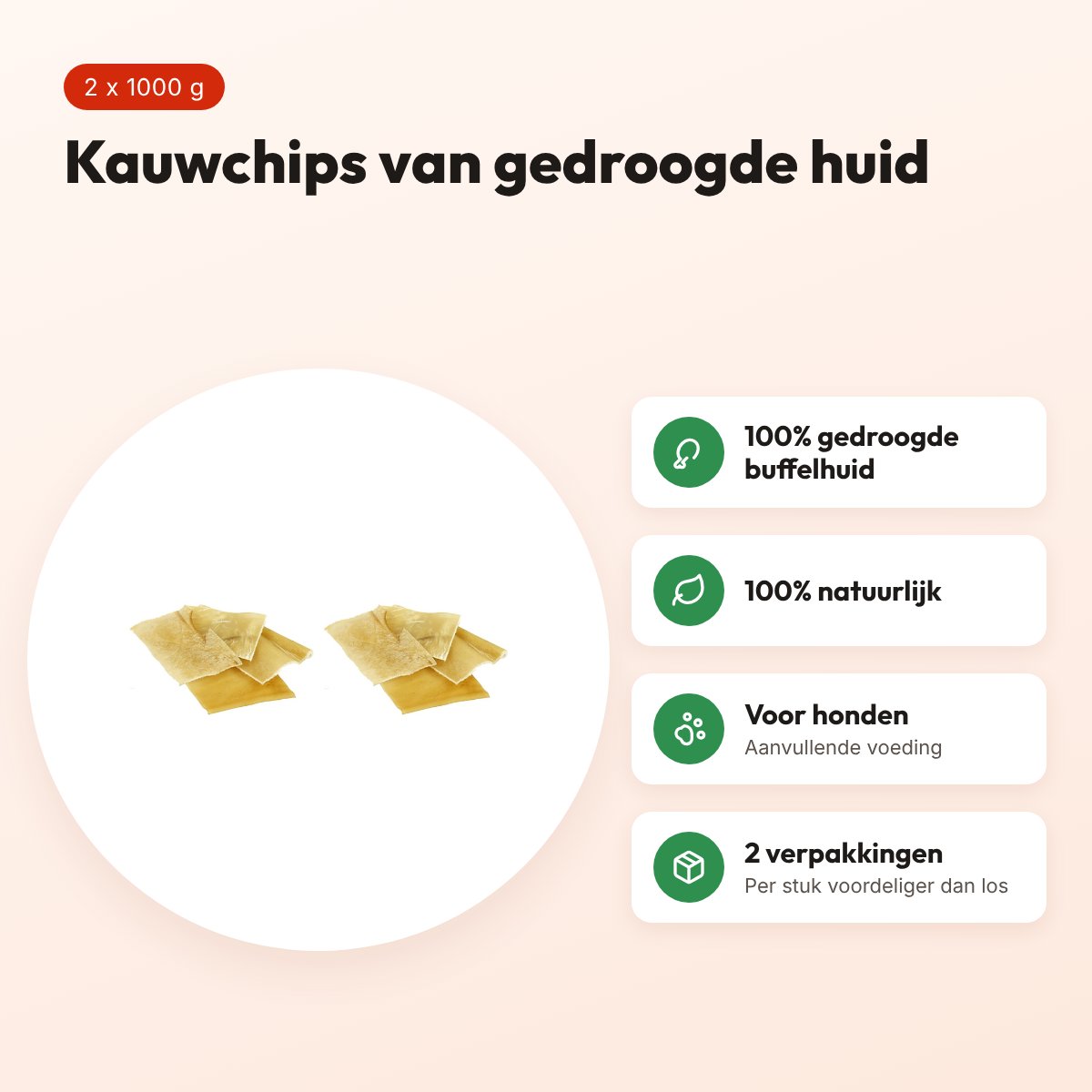 Petsnack naturel chips runderhuid hond 1000 g – multipack 2 stuks – voordelen