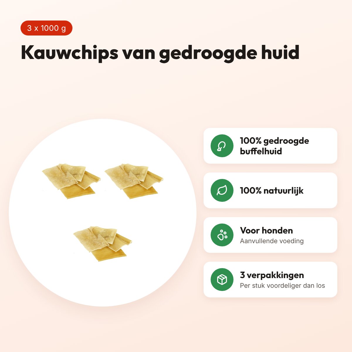 Petsnack naturel chips runderhuid hond 1000 g – multipack 3 stuks – voordelen
