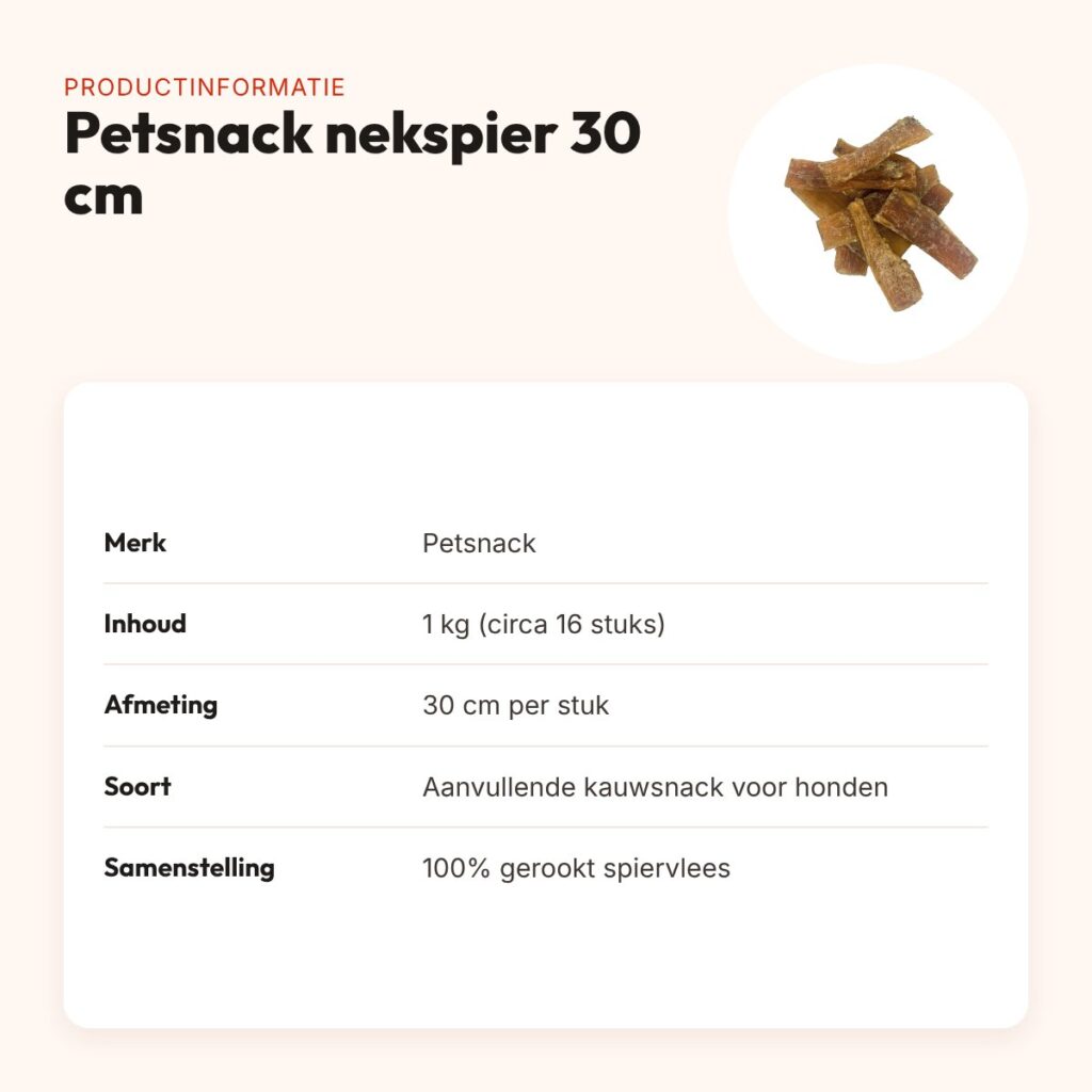 Petsnack nekspier 30 cm 1 kg – circa 16 stuks, kauwsnack hond – productinformatie