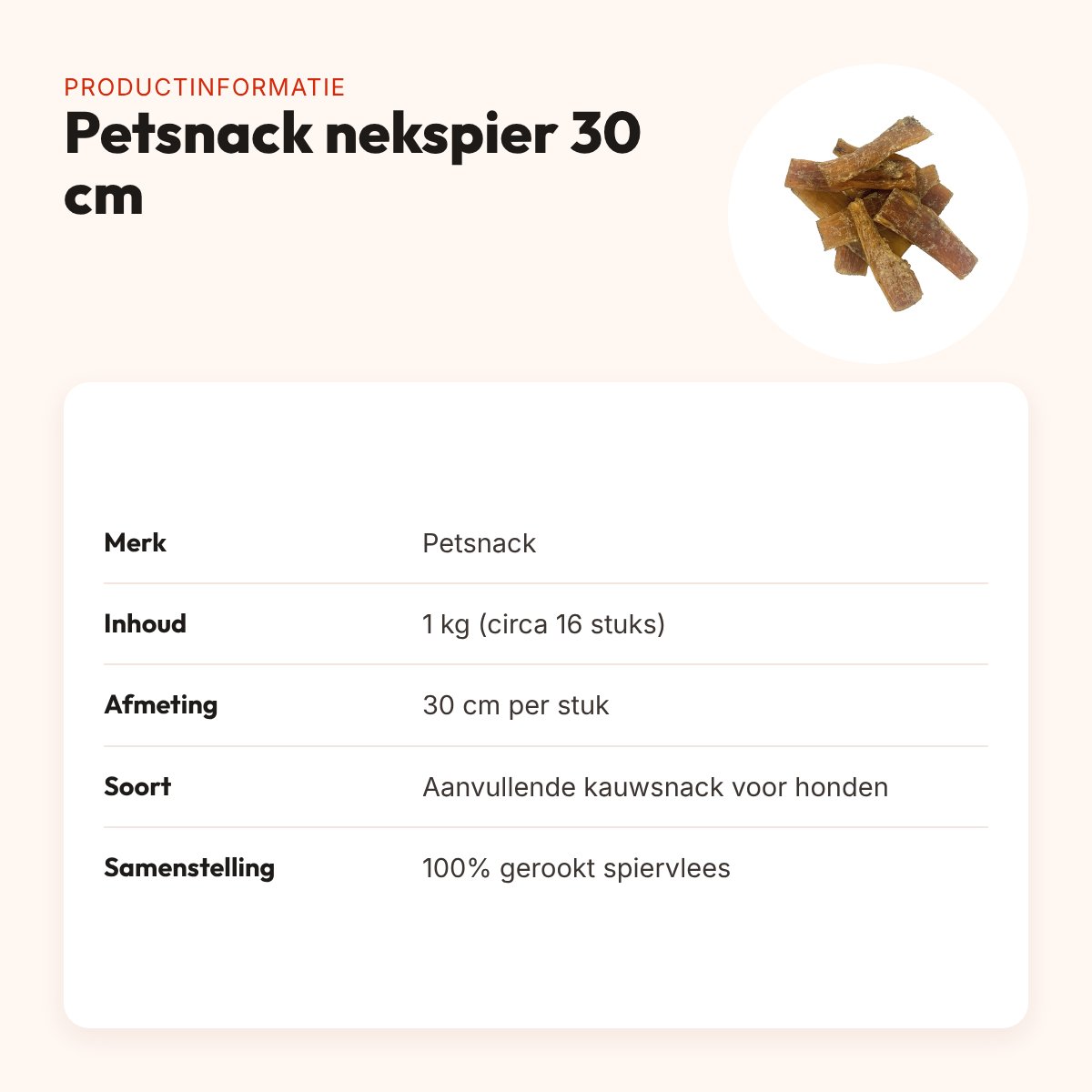 Petsnack nekspier 30 cm 1 kg – circa 16 stuks, kauwsnack hond – productinformatie