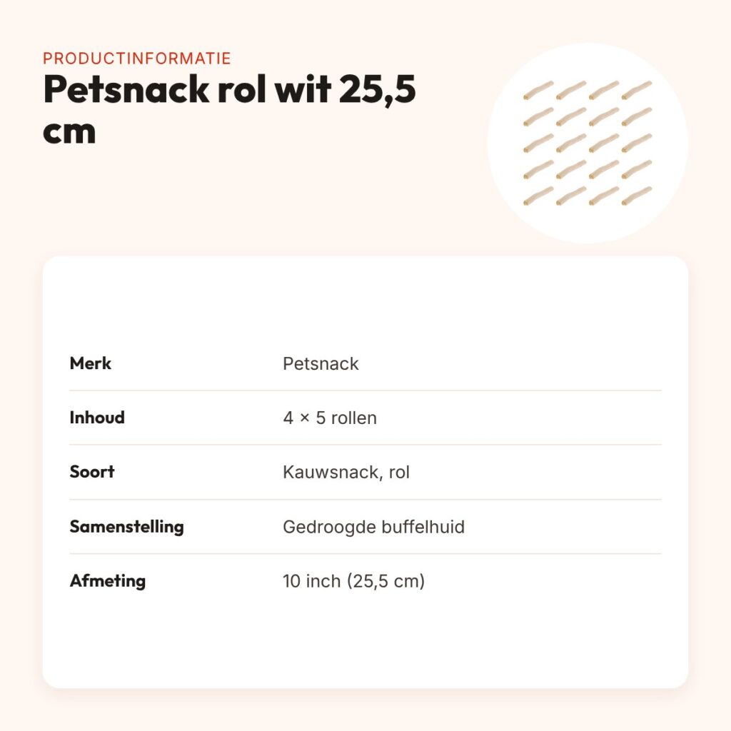 Petsnack rol wit buffelhuid 10 inch (25,5 cm) – multipack 4 x 5 stuks – productinformatie