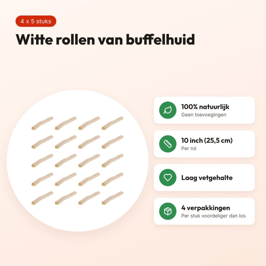 Petsnack rol wit buffelhuid 10 inch (25,5 cm) – multipack 4 x 5 stuks – voordelen