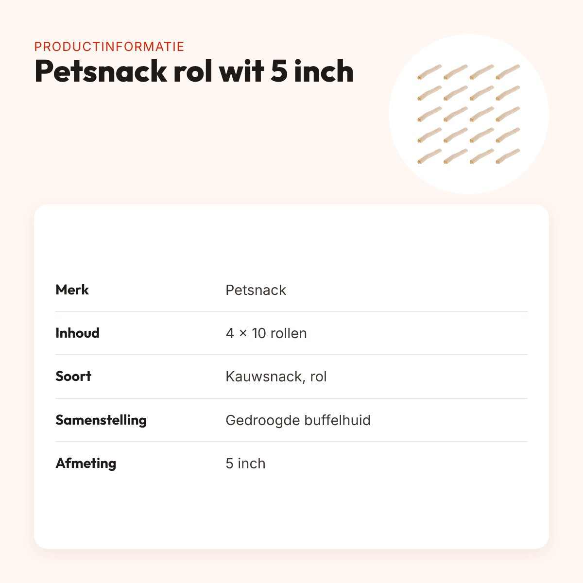 Petsnack rol wit buffelhuid 5 inch – multipack 4 x 10 stuks – productinformatie