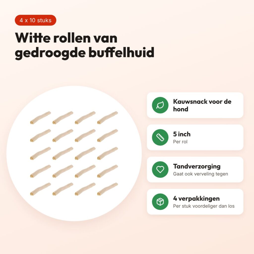 Petsnack rol wit buffelhuid 5 inch – multipack 4 x 10 stuks – voordelen