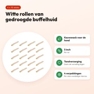 Petsnack rol wit buffelhuid 5 inch – multipack 4 x 10 stuks – voordelen
