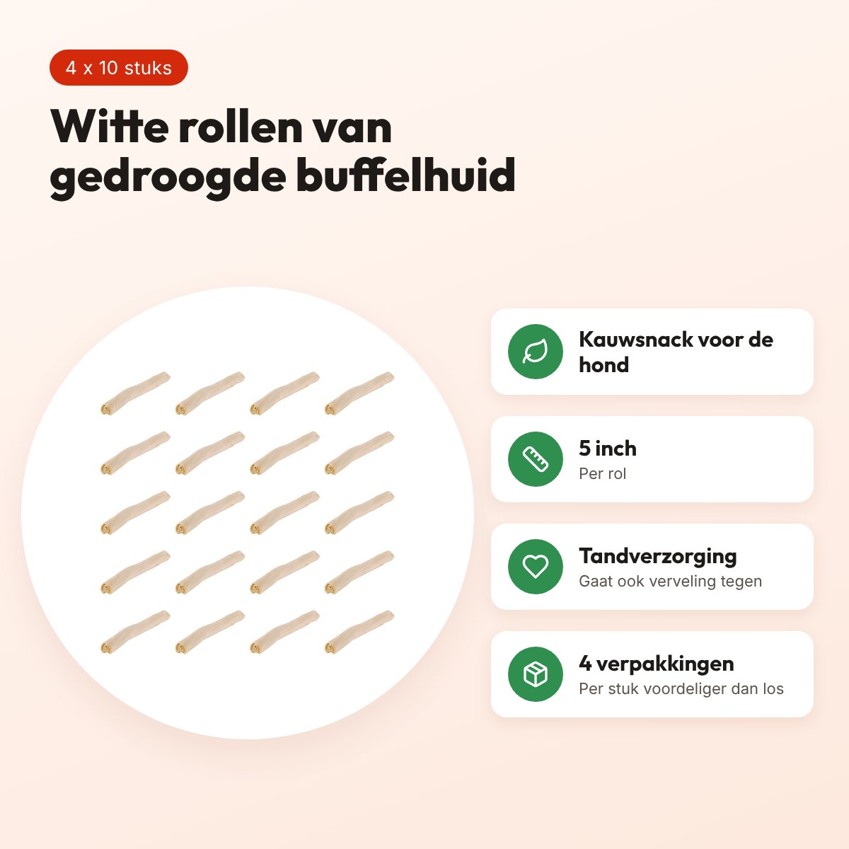 Petsnack rol wit buffelhuid 5 inch – multipack 4 x 10 stuks – voordelen
