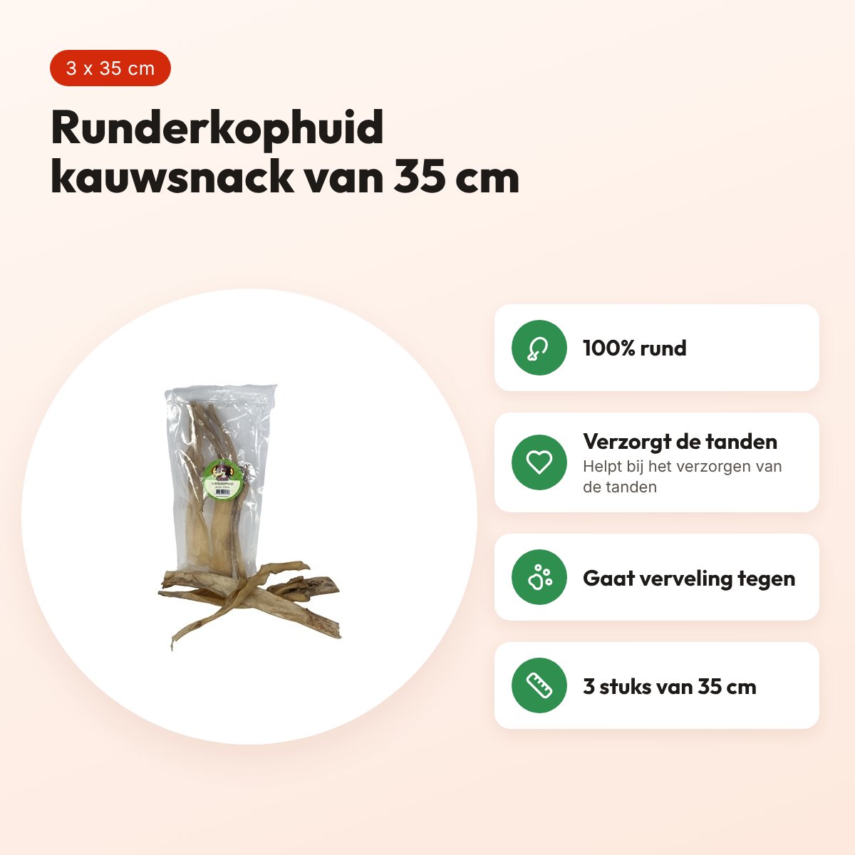 Petsnack runderkophuid 35 cm 3 stuks – kauwsnack voor honden – voordelen