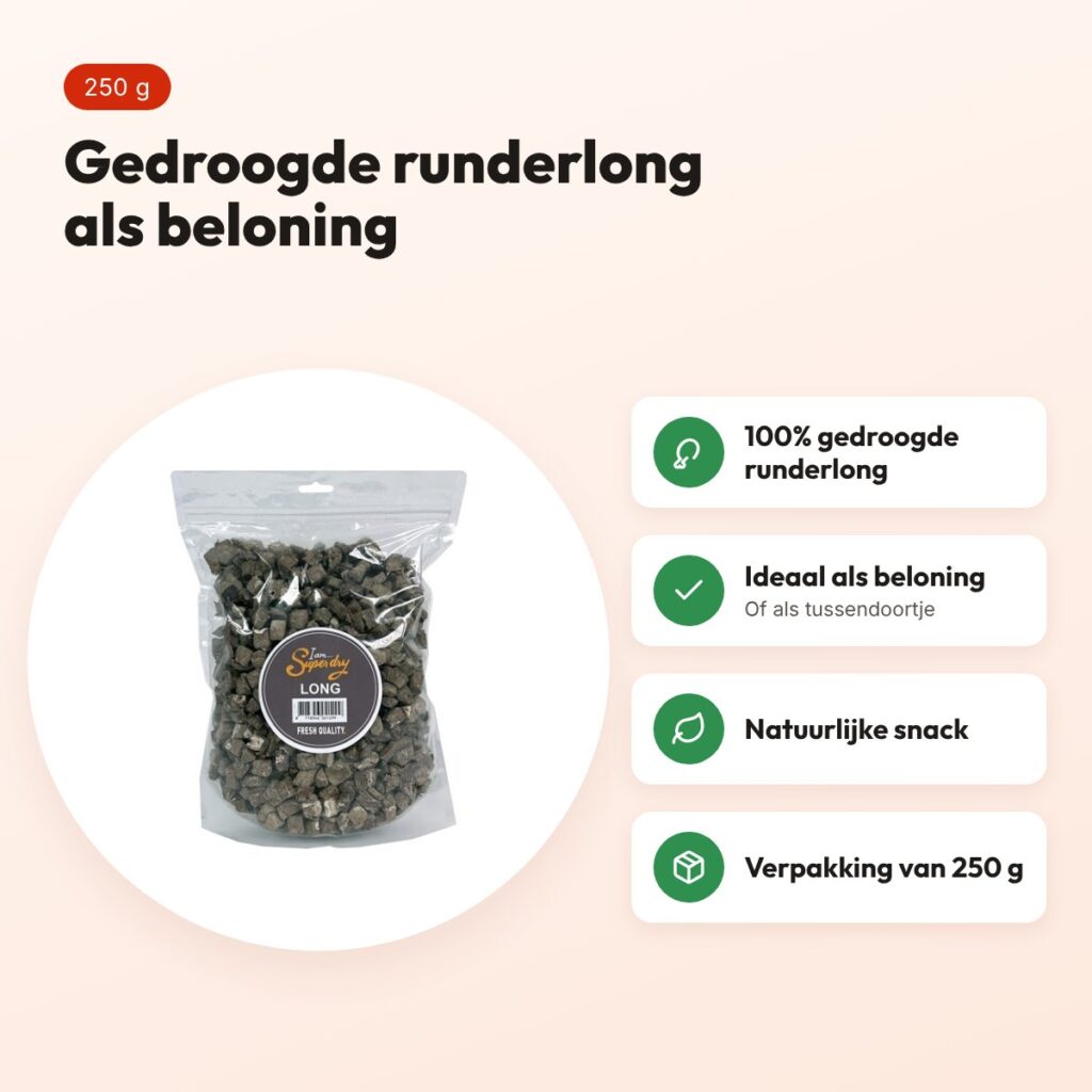 Petsnack runderlong gedroogd 250 g – hondenbeloning – voordelen